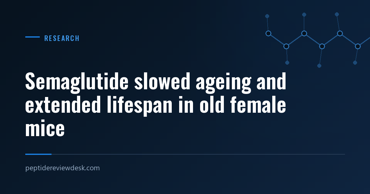 Typographic cover image: headline reading Semaglutide slowed ageing and extended lifespan in old female mice, on the Peptide Review Desk navy brand background
