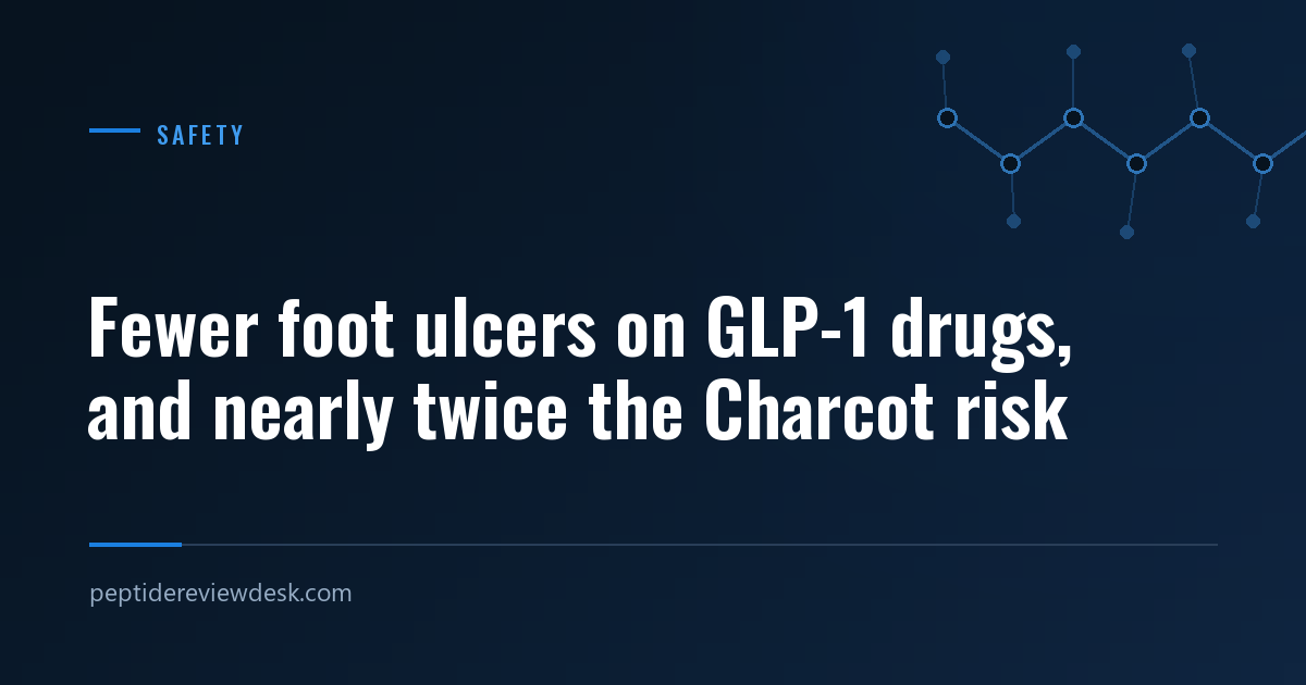 Peptide Review Desk safety graphic: GLP-1 drugs, diabetic foot ulcers and Charcot neuroarthropathy